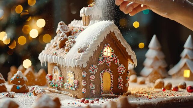 Decorating homemade gingerbread houses with icing, candy, and sprinkles, perfect for Christmas gifting. . Video