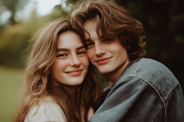 Fototapeta premium Young couple outdoors, embracing each other with relaxed smiles. They look happy and comfortable together, surrounded by greenery and nature.