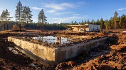 A construction site with a house in the background