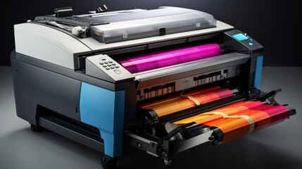 A printer with a blue and black exterior and a red, orange, and yellow interior