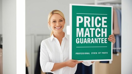 Salesperson showing "price-match guarantee" sign, affordability, customer-centric pricing