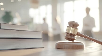 Fototapeta premium Judge's gavel placed on a desk next to legal books, with an office scene blurred in the background 