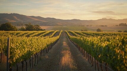 Vineyard Rows in the Golden Hour with Distant Hills