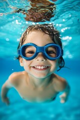 Naklejka premium Ethereal Joy Close-Up Portrait of Smiling Boy Underwater with Goggles, Turquoise Blue Sparkling Water - Summer Fun Concept