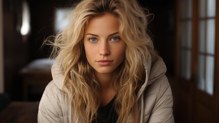 A blonde woman with long hair is wearing a white jacket and a black shirt