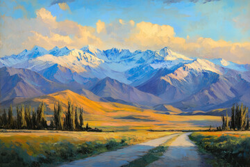 oil painting of Beautiful natural landscape of Kazakhstan at sunrise