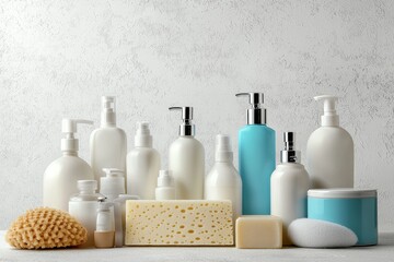 Luxurious Spa Essentials in Serene White Bathroom Setting with Blue Accents Beauty Product Collection for Wellness Rituals