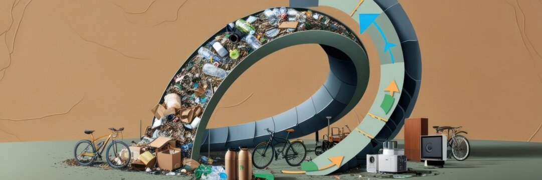 A looped structure filled with recyclable materials and waste symbolizes the circular economy. Bicycles, glass bottles, and cardboard boxes illustrate sustainable living choices