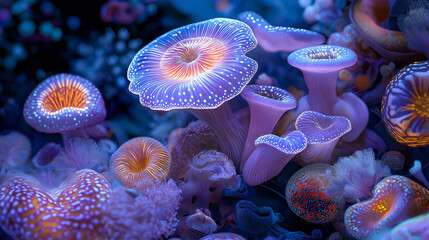 Obraz premium An ultra-realistic macro shot capturing a surreal, psychedelic world filled with vivid neon organic patterns. Crystalline textures shimmer among swirling shapes that twist and blen