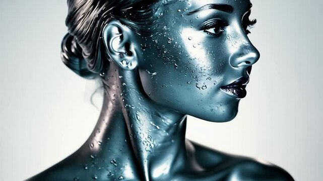 A young and extraordinarily attractive woman made entirely of liquid mercury with a reflective surface.