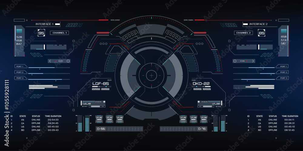 Fototapete HUD Futuristic Interface Screen Design Element. Game UI Technology Virtual Reality View Display Object Vector.