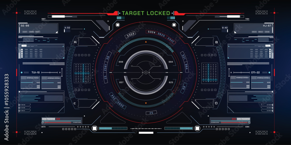 Fototapete HUD Futuristic Technology Interface Screen UI System Panel Vector. Abstract Cockpit, Radar Virtual Cyber Control Display Concept For Game App UI Illustration	