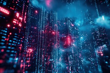 Obraz premium Exploring the Futuristic Digital Landscape of Data in a Vibrant Neon Environment