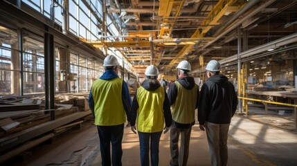 A group of construction workers wearing safety gear walk through a building