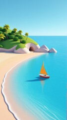 Tranquil tropical island beach with sailboat and turquoise sea