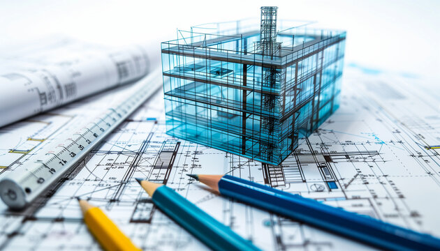 Esquisse moderne d'un architecte d'un batiment en verre avec des plans et des crayons de dessin.