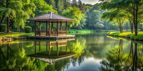 Serene Gazebo by Pond in Tranquil Park Setting for Minimalist Photography