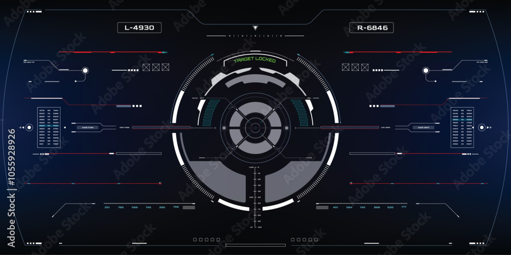 Fototapete HUD Futuristic Drone, Space ship, Radar Interface Screen Design Element. UI Technology Monitoring Virtual Reality View Display Object Vector.