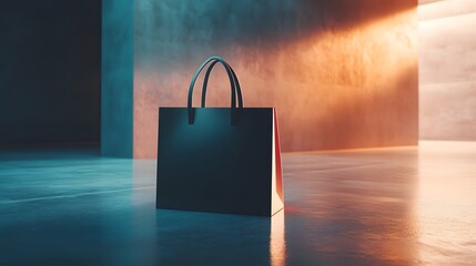 Blank mockup template of a minimalistic shopping bag with custom branding on a smooth ceramic surface, ambient lighting.