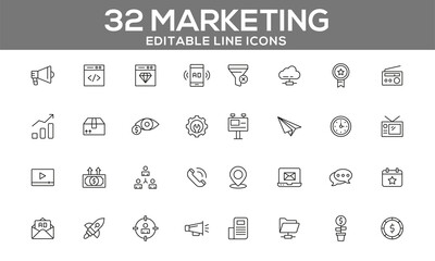 32 Editable Marketing Line Icons for Advertising, Promotion, and Campaign Strategies