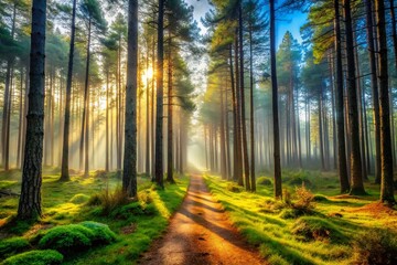 Obraz premium Serene Journey Through Dense Pine Forest with Soft Light and Misty Trail