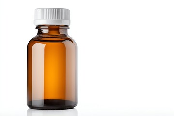 Amber glass bottle with a white cap isolated on white background, ideal for essential oils, pharmaceuticals, or herbal remedies in a clean, minimal setting.