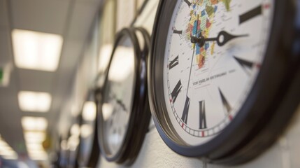 Clocks on a wall show different time zones, reflecting global business connections. Reminder of time management in fast paced work environments. Modern pressures and deadlines captured in the image
