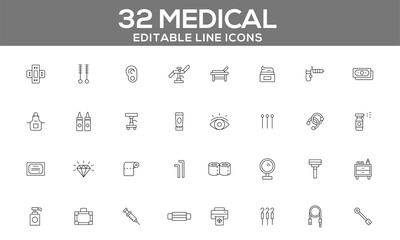 32 Editable Medical Line Icons for Healthcare, Diagnostics, and Medical Tools Graphics