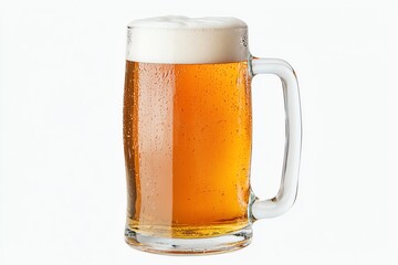 A refreshing glass of golden beer isolated on white background with a frothy white head, perfect for any occasion or gathering.