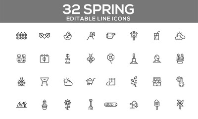 32 Editable Spring Line Icons for Gardening, Nature, and Seasonal Outdoor Activities