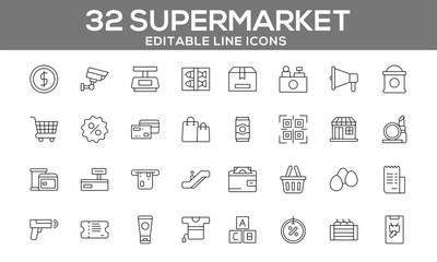 32 Editable Supermarket Line Icons for Shopping, Retail Management, and Grocery Essentials