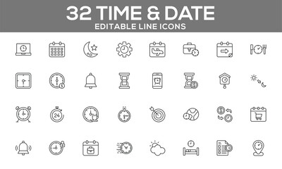 32 Editable Time and Date Line Icons for Scheduling, Reminders, and Calendar Management