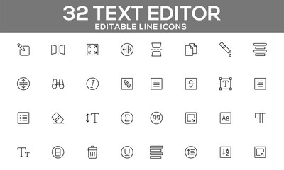 32 Editable Text Editor Line Icons for Writing, Formatting, and Document Management Tools