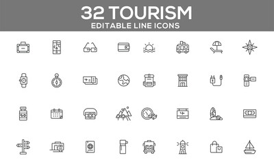 32 Editable Tourism Line Icons for Travel Essentials, Sightseeing, and Vacation Planning