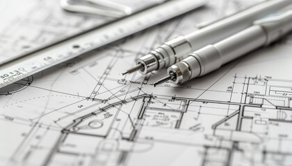 Concept architecture avec des plan d'architecte et des crayons et des outils de dessinateurs