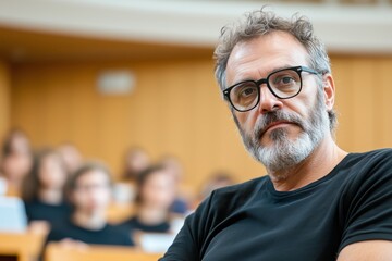 Fototapeta premium Professor explaining concepts to attentive students in a modern lecture hall filled with natural light