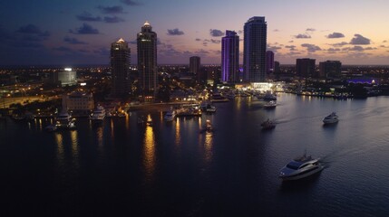 Fototapeta premium Aerial view of a city skyline at dusk with boats on the water