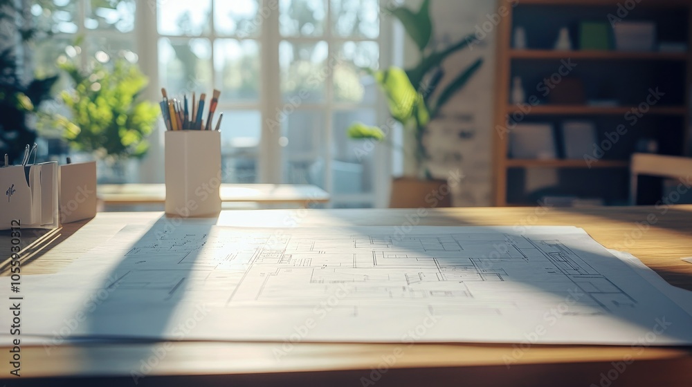 Poster table with blueprint and paint samples, close-up, selection process for new home color concept