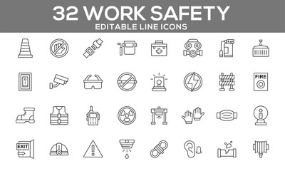 32 Editable Work Safety Line Icons for Workplace Protection, Hazard Prevention, and Emergency Preparedness