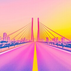 Obraz premium Vibrant Cityscape A Colorful Perspective of a Modern Bridge at Sunset