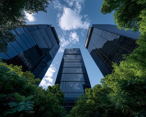 Tower Trio Majestic Urban Skyscrapers in Reflective Elegance Against Clear Blue Sky - Modern Cityscape View with Lush Greenery, Grandeur and Tranquility