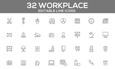 32 Editable Workplace Line Icons for Office Essentials, Productivity, and Organization
