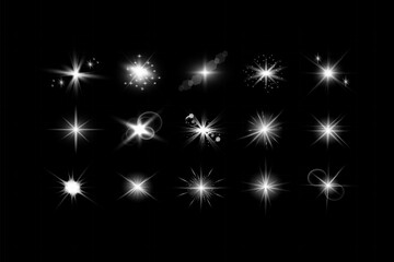 Glow isolated white transparent starlight effect set, lens flare, explosion, line, sun flash, glitter, spark and stars. Abstract special effect element design. 