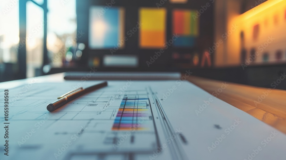 Aufkleber Architectural plans and color palette selection, design table view with ruler, blueprint details clear