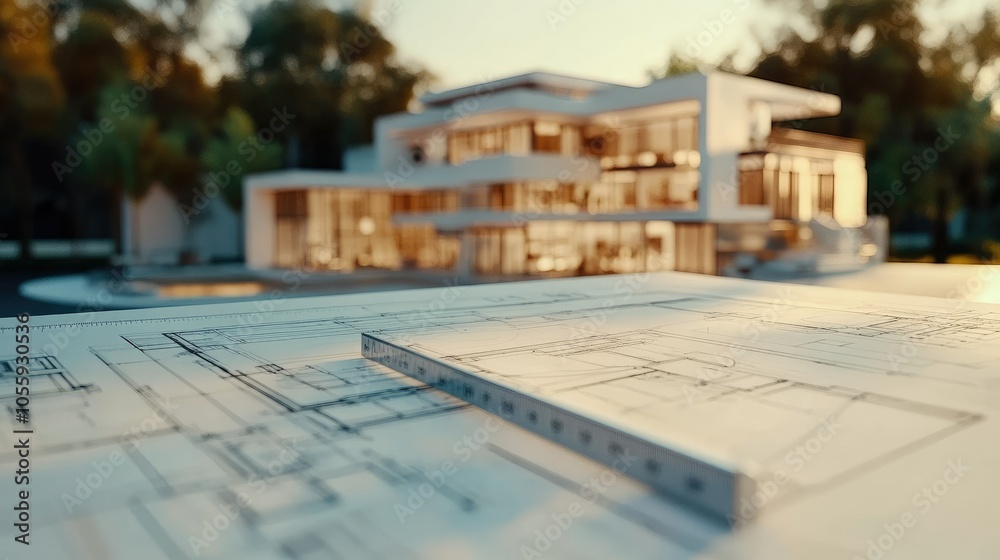 Aufkleber Architectural plans and color palette selection, design table view with ruler, blueprint details clear