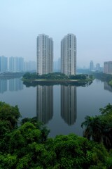 Tranquil Urban Reflections Serene Cityscape with Symmetrical Buildings in Hazy Atmosphere - Architectural Harmony and Natural Contrast