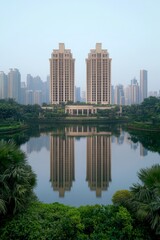 Fototapeta premium Tranquil Urban Oasis Symmetrical Twin High-Rises Reflecting in Serene Waters, Cityscape Park Scene at Dawn