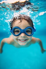 Naklejka premium Underwater Joy Close-Up of Smiling Child in Blue Goggles, Turquoise Pool Background, Playful and Carefree Mood