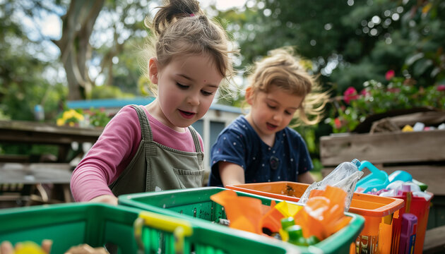 Concept recyclage, compostage et trie &agrave; la maison en utilisant des bacs r&eacute;utilisables et en sensibilisant les enfants