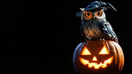 Owl in a Witch's Hat Perched on a Jack-o'-Lantern